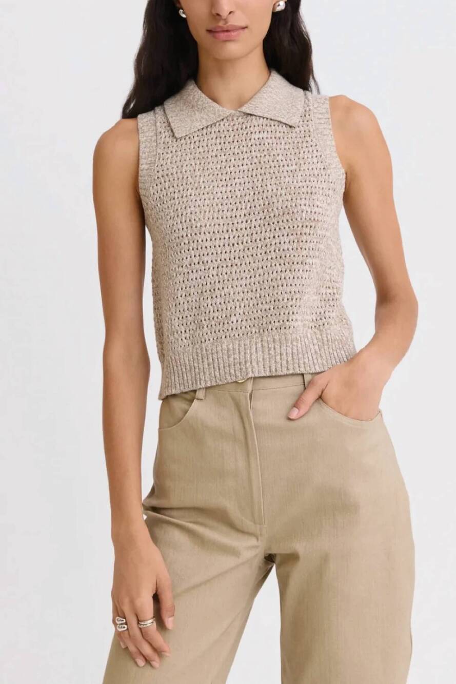 NEW MATTHEW BRUCH cable mesh collared tank top in taupe